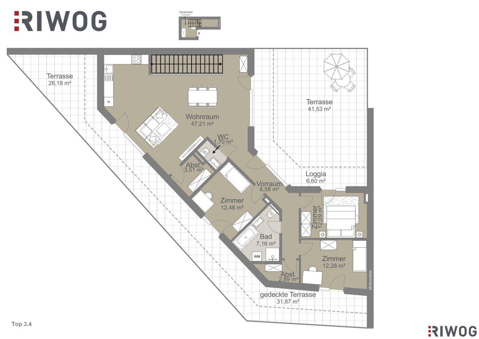 Detaillierter Grundriss der Wohnung Top 3.4 mit mehreren Terrassen und Loggia.