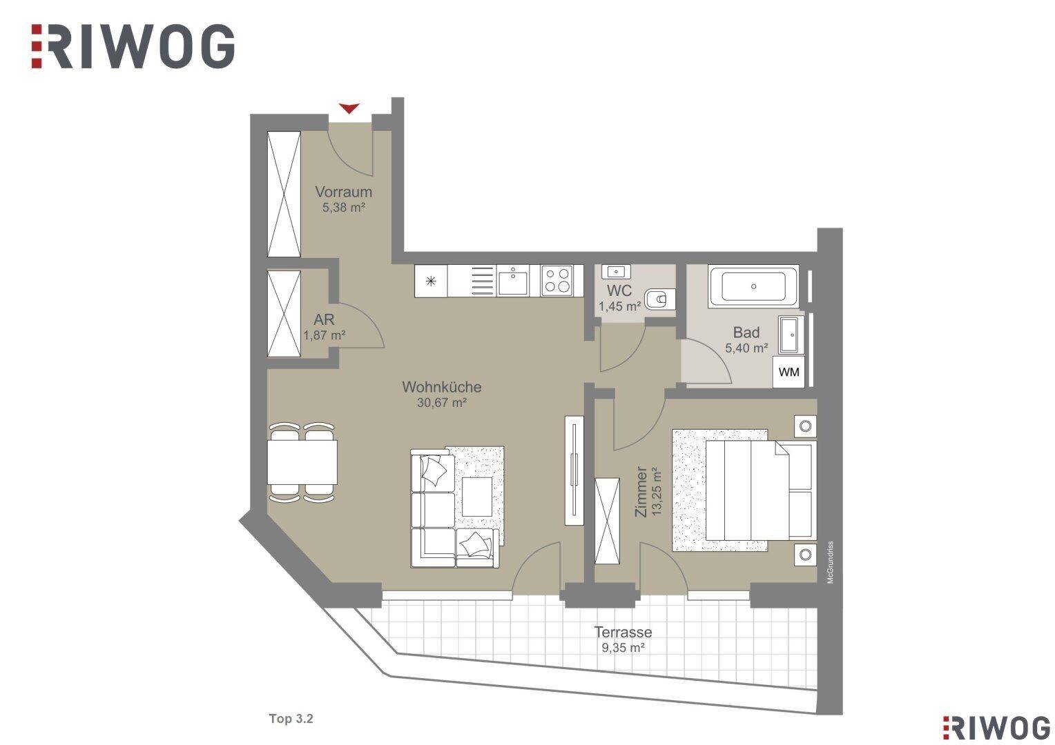 Grundriss einer Wohnung mit Wohnküche, Schlafzimmer, Bad, WC und Terrasse.