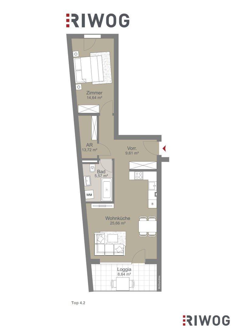 Grundriss einer Wohnung mit offener Wohnküche, Schlafzimmer, Bad und Loggia.
