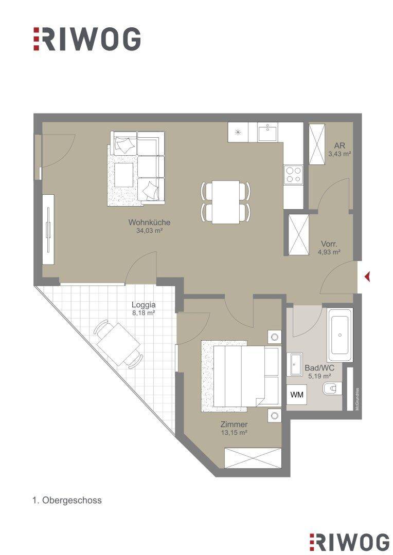 Grundriss des 1. Obergeschosses mit offener Wohnküche, Loggia und einem Schlafzimmer.
