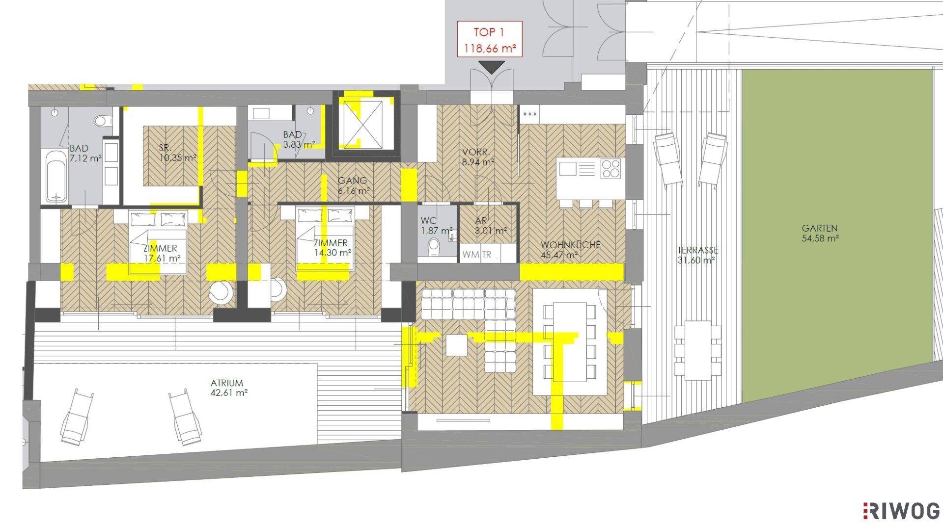 Detaillierter Grundriss einer Wohnung mit Terrasse, Garten und mehreren Zimmern.