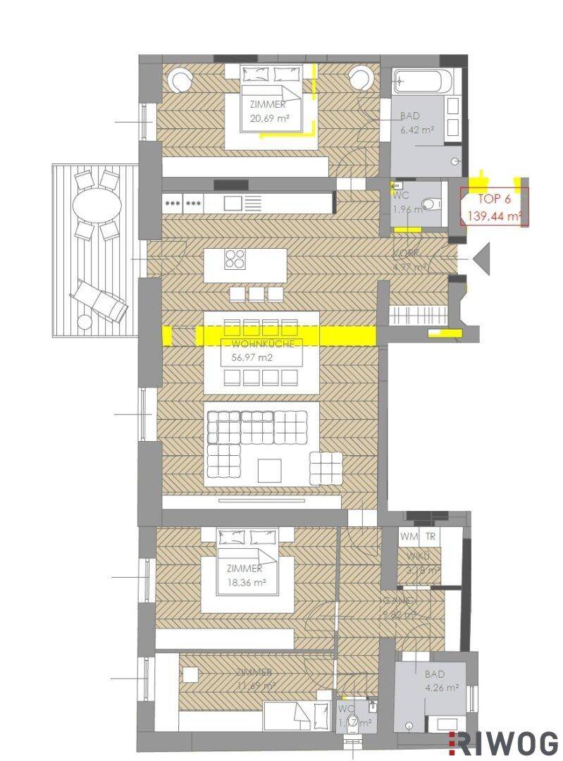 Grundriss zeigt eine Wohnung mit offenem Wohnbereich, zwei Schlafzimmern, zwei Bädern und einem Balkon.
