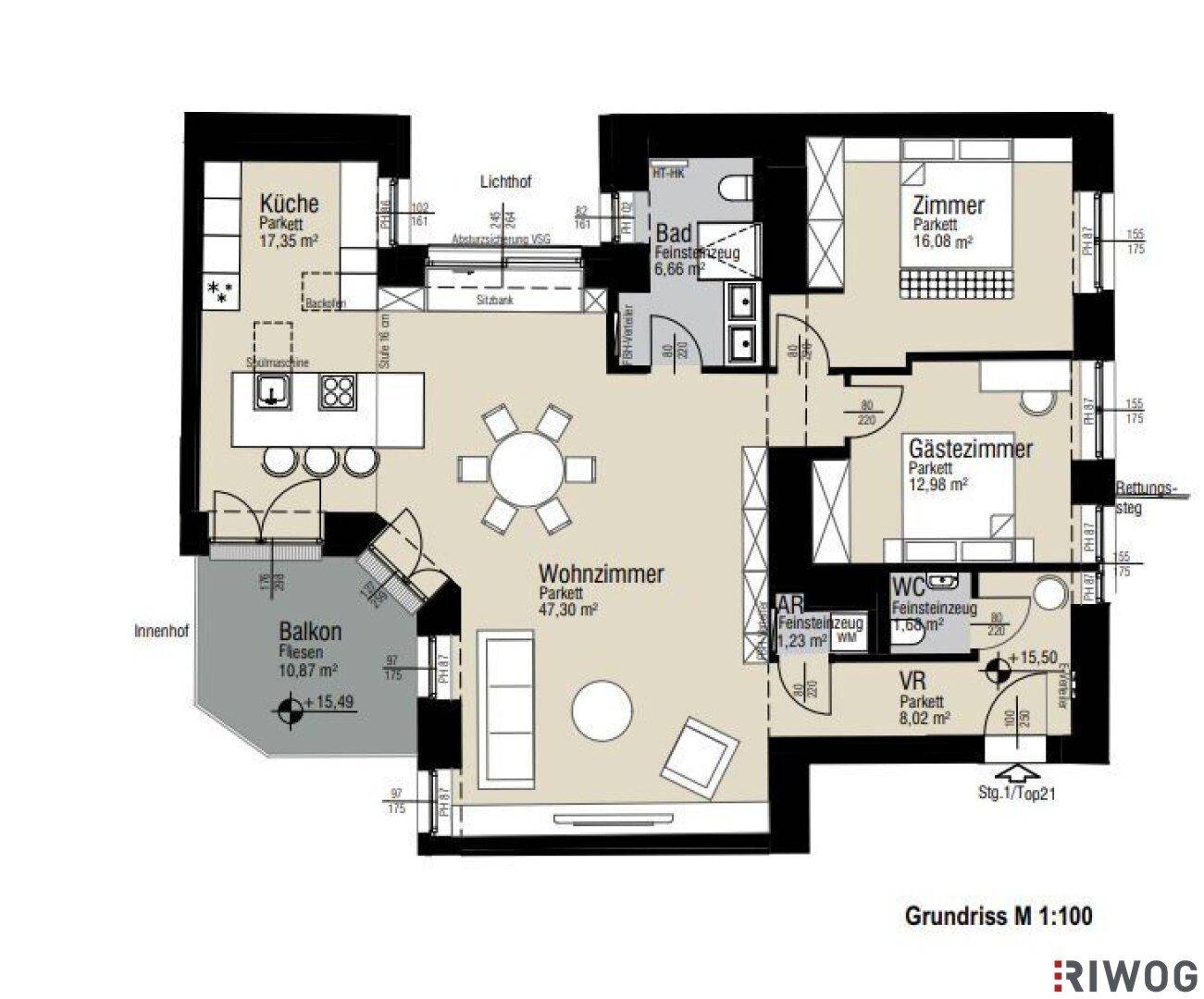 Grundriss einer Wohnung mit Wohnzimmer, Küche, zwei Schlafzimmern und Balkon.