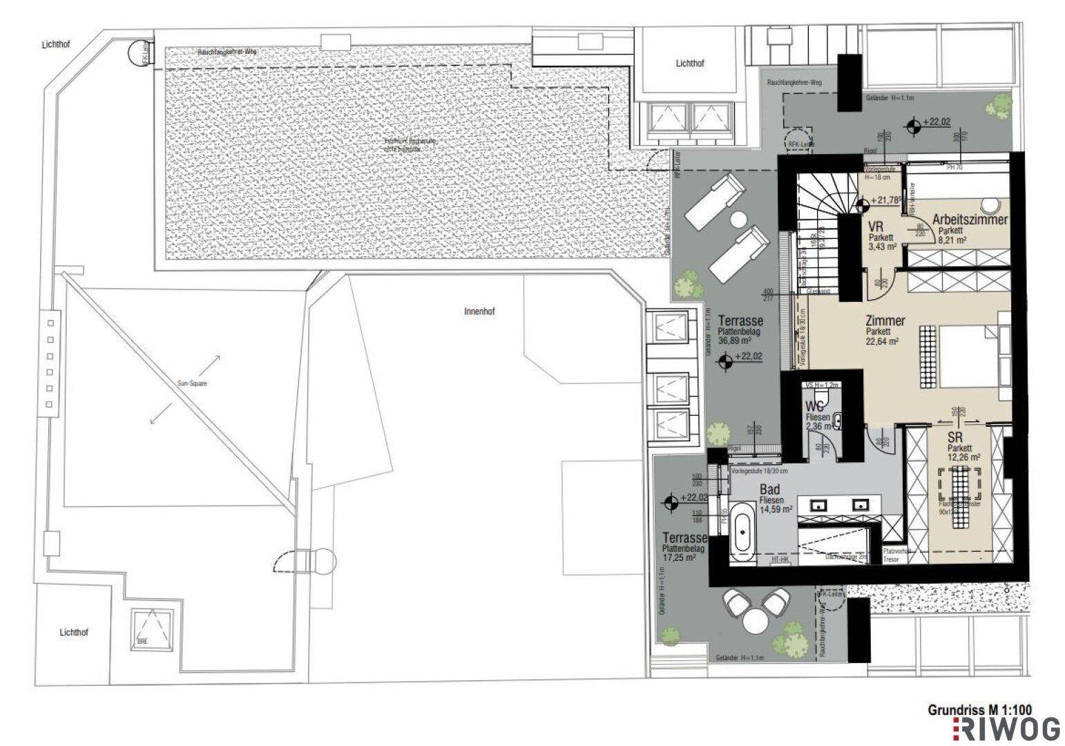 Grundriss einer Wohnung mit Arbeitszimmer, Schlafzimmer, Bad und großer Terrasse.