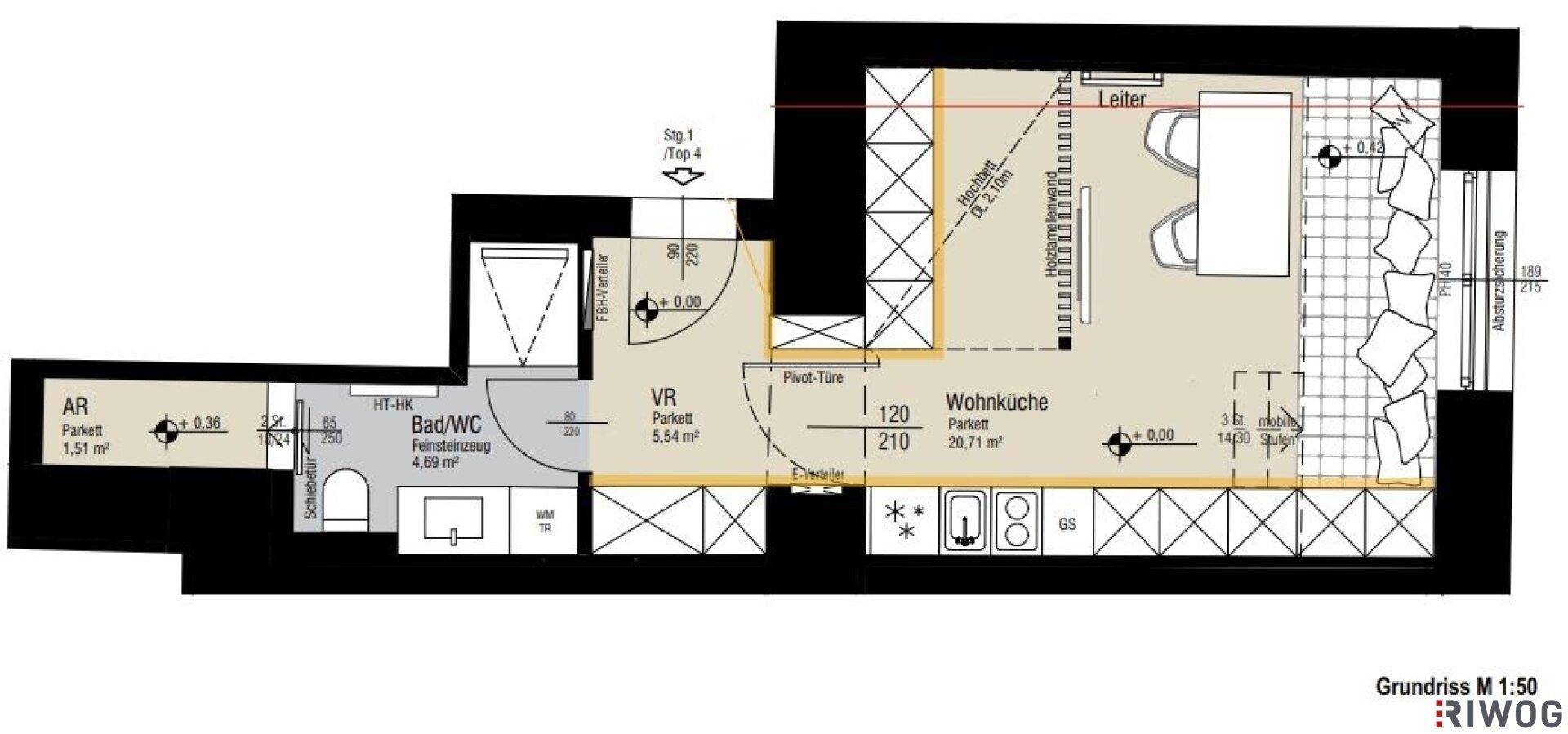 Grundriss einer kleineren Wohnung mit Wohnküche, Bad/WC und Abstellraum.