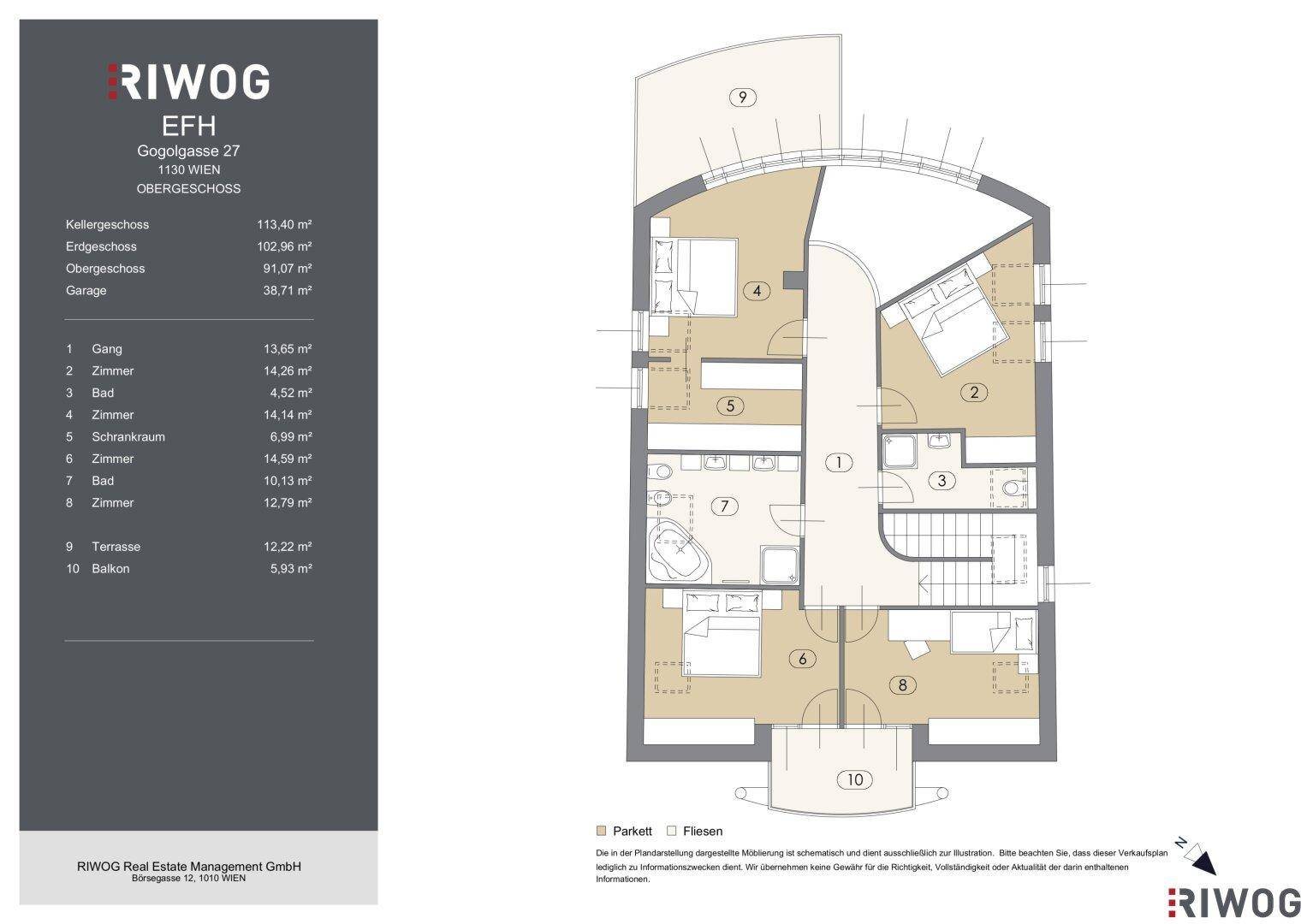 Grundriss des Obergeschosses mit mehreren Schlafzimmern, Bädern und Balkon.