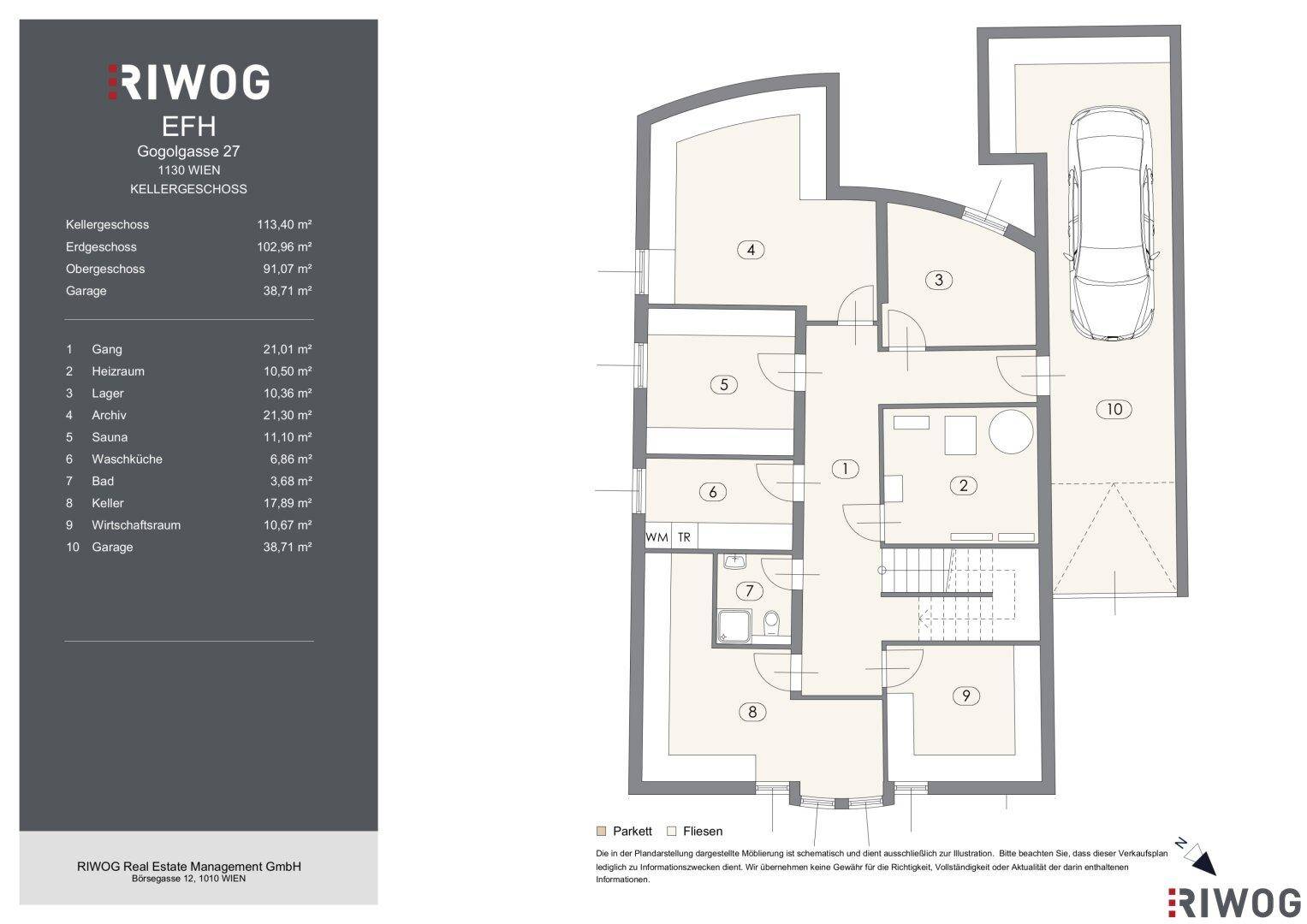 Grundriss des Kellergeschosses mit Sauna, Lager und Garage.