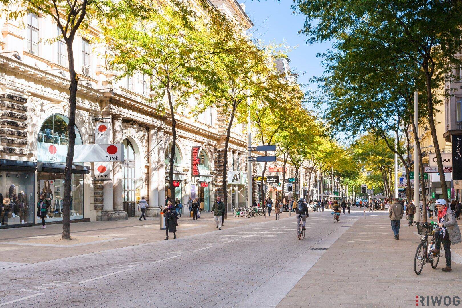 Belebte Einkaufsstraße mit Geschäften, Bäumen und Fußgängern an einem sonnigen Herbsttag.