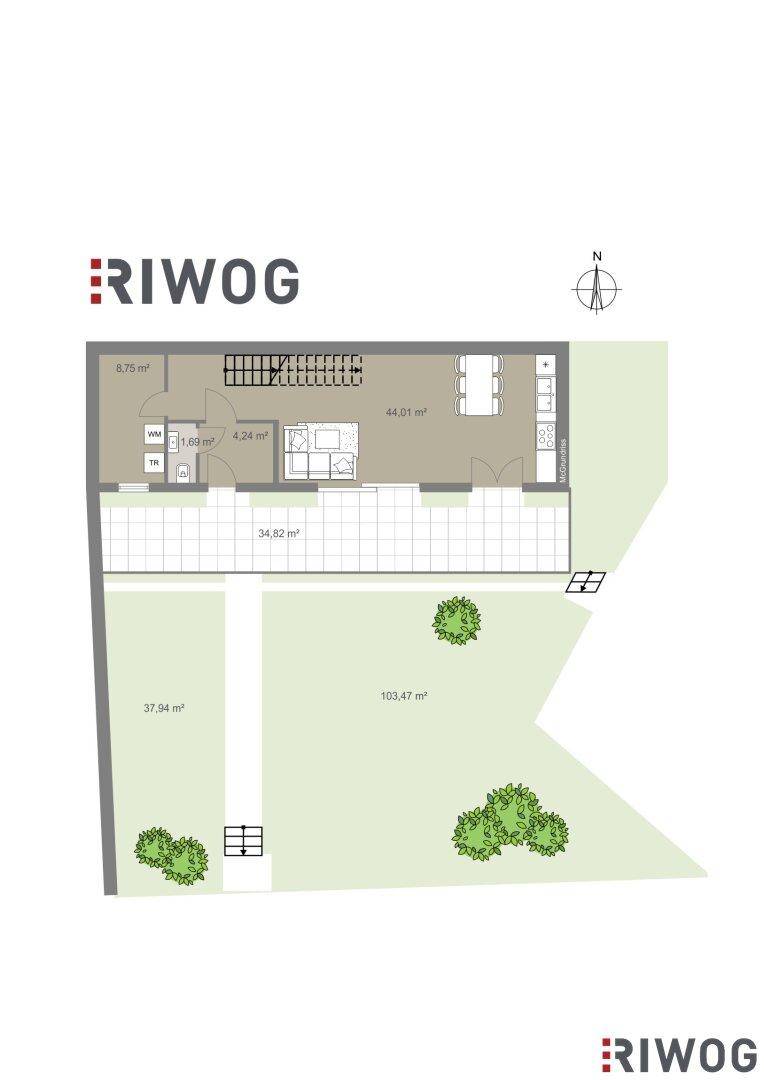 Grundriss des Erdgeschosses mit offenem Wohnbereich, Terrasse und Garten.