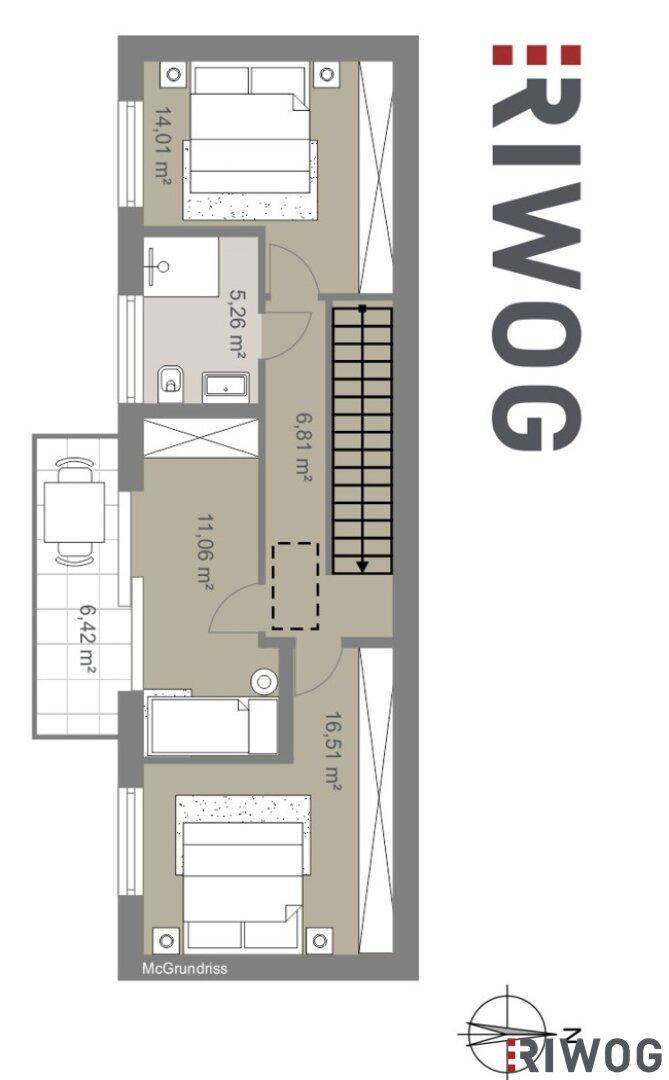 Grundriss des Obergeschosses mit zwei Schlafzimmern, Bad und kleinem Balkon.