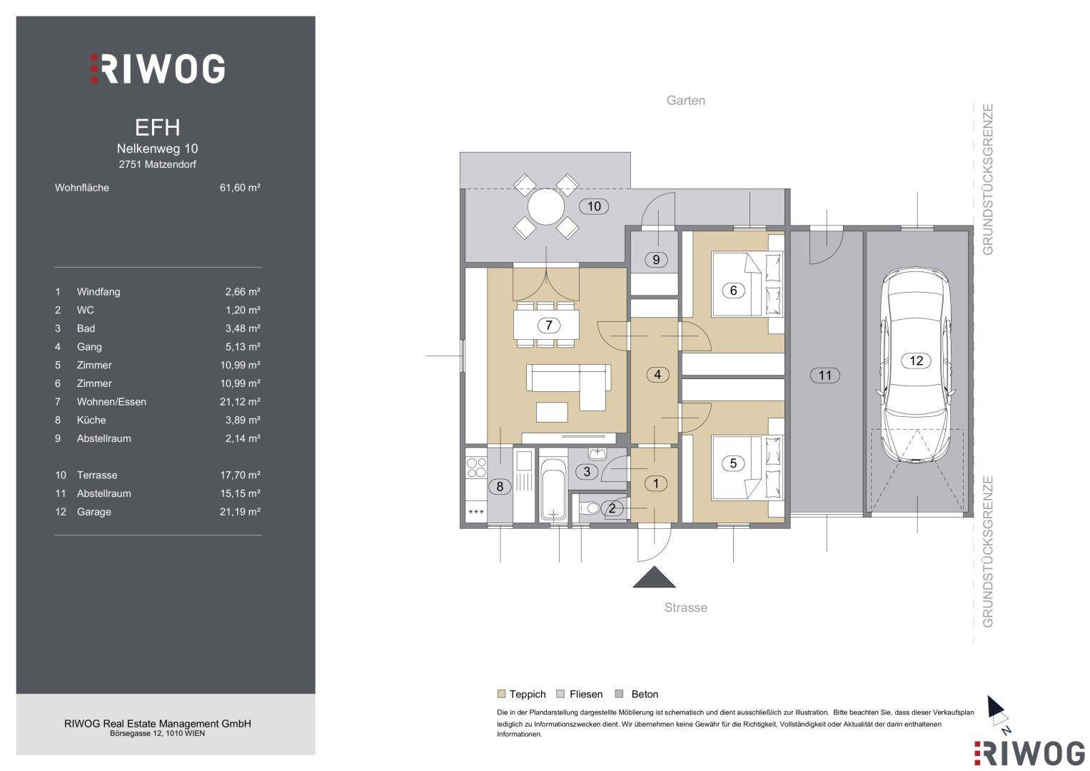 Grundriss eines Einfamilienhauses mit Terrasse, Garage und mehreren Zimmern.
