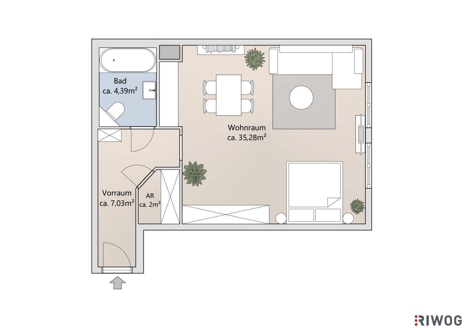 Grundriss einer Wohnung mit offenem Wohnbereich, separatem Bad und Balkonzugang.