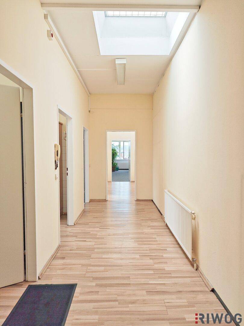 Langer Flur mit Holzoptikboden und einem Oberlicht, das für natürliches Licht sorgt.