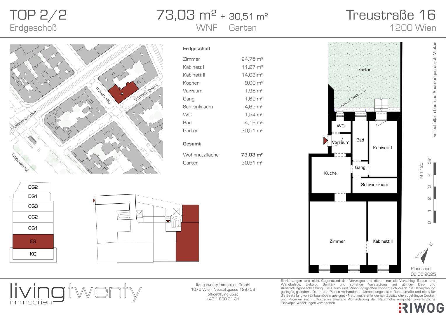 Grundriss der Erdgeschosswohnung TOP 2/2 mit Garten und detaillierter Raumaufteilung.