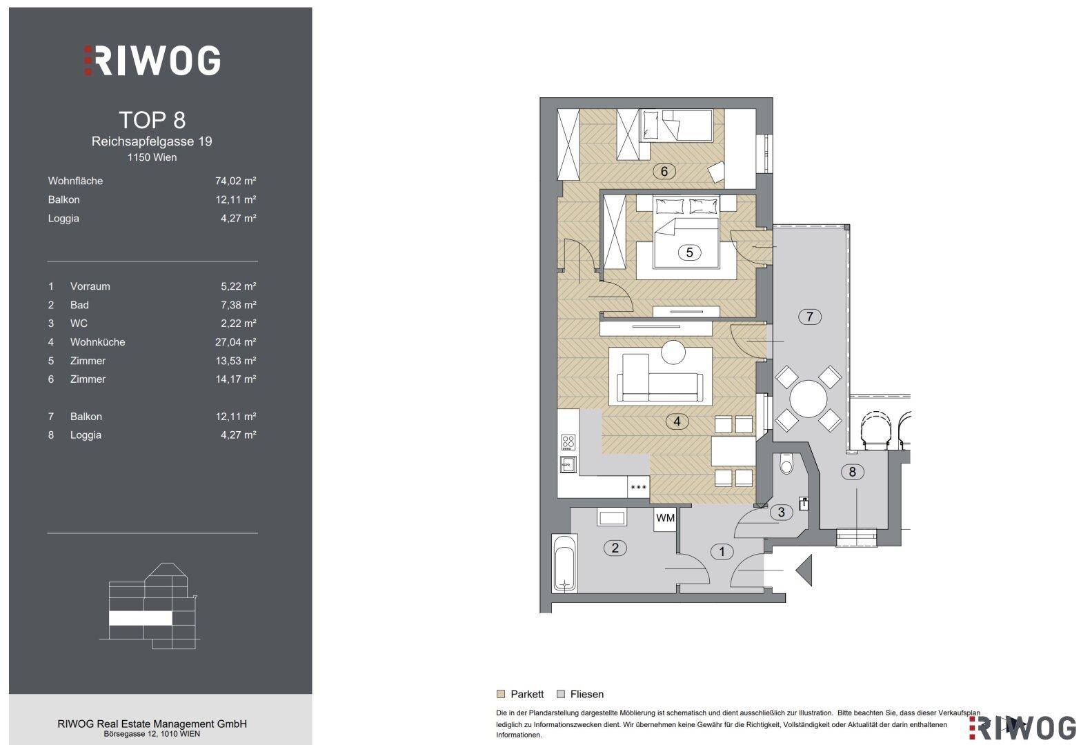 Detaillierter Grundriss der Wohnung Top 8 mit Wohnfläche, Balkon und Loggia.