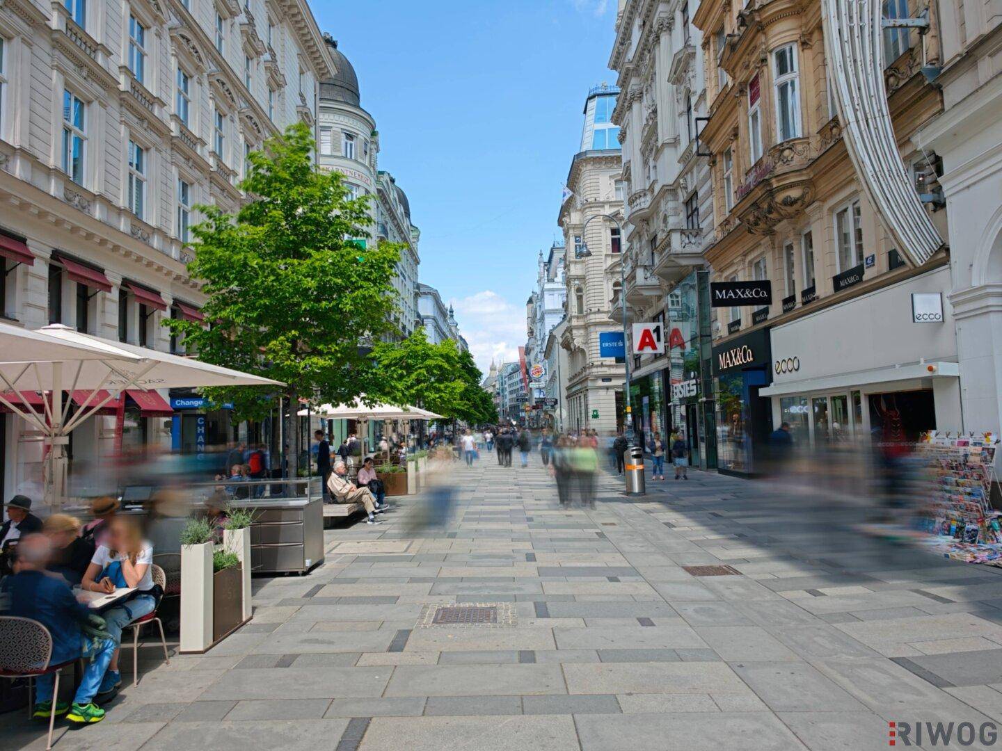 Belebte Einkaufsstraße in Wien mit Geschäften, Cafés und Bäumen unter blauem Himmel.