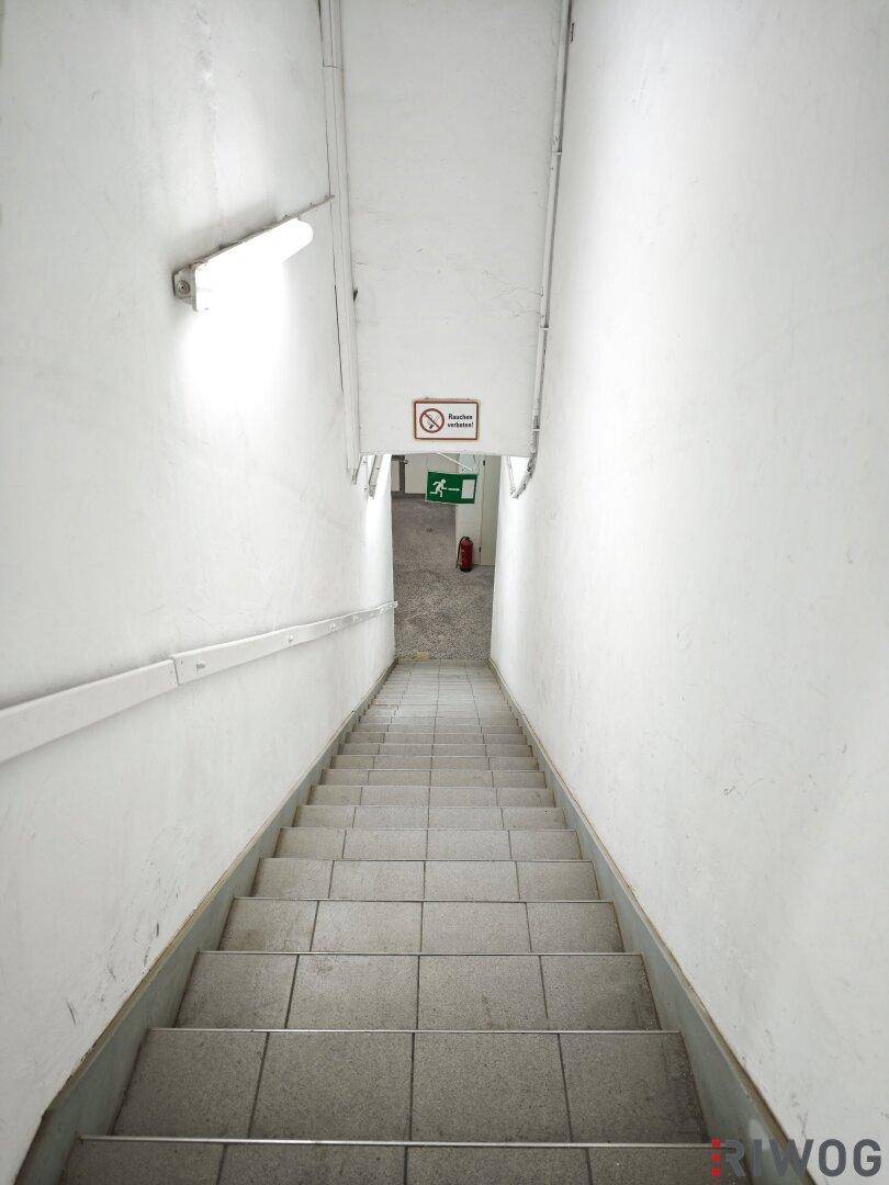 Treppenabgang in den Keller mit Fliesenstufen, Handlauf und Notausgangsschild.