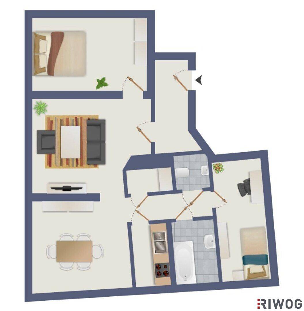 Farbiger Grundriss einer Wohnung mit Schlafzimmern, Wohnbereich und Bädern.