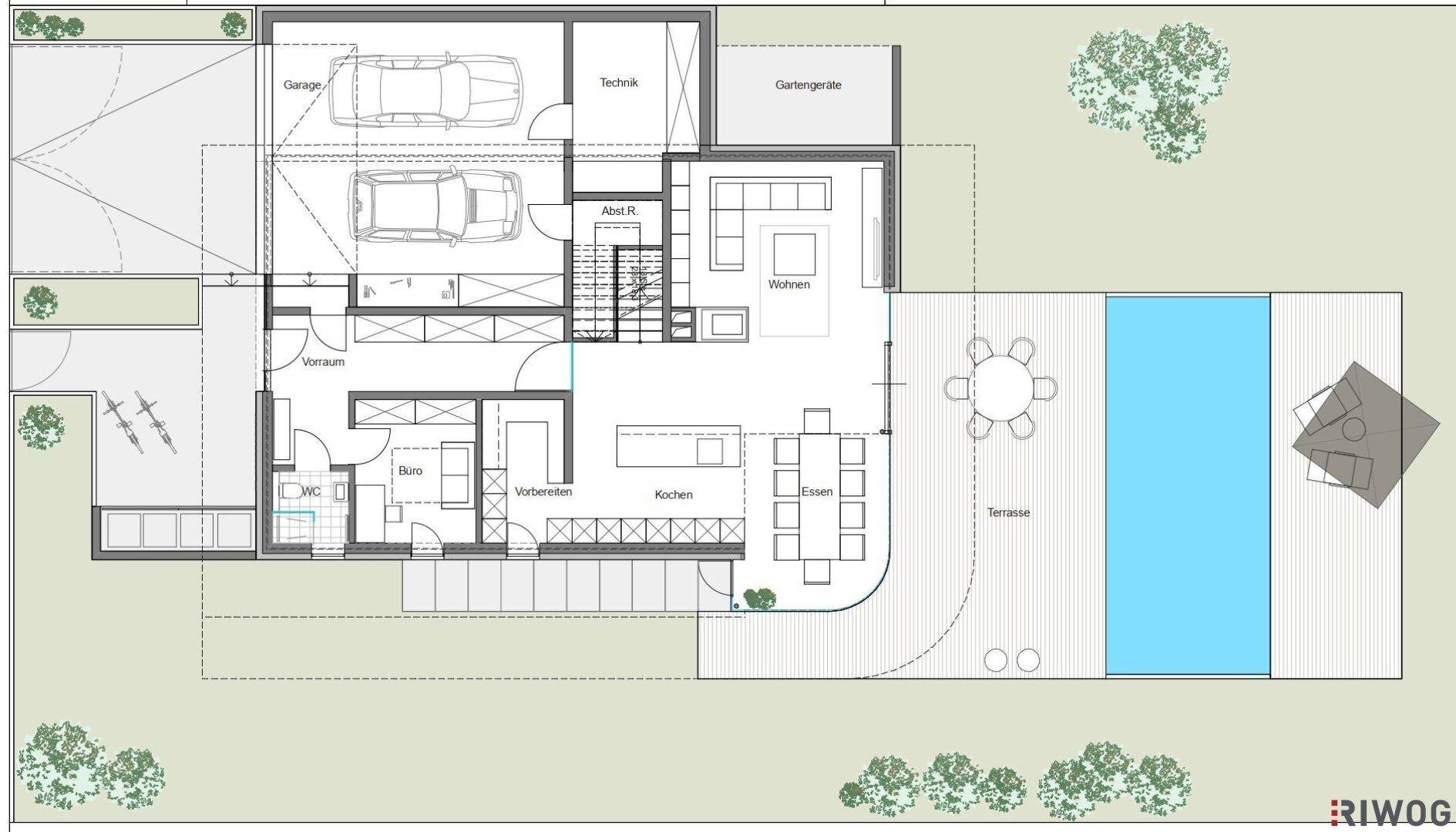 Grundriss des Erdgeschosses mit offener Küche, Wohnbereich, Garage, Terrasse und Pool.