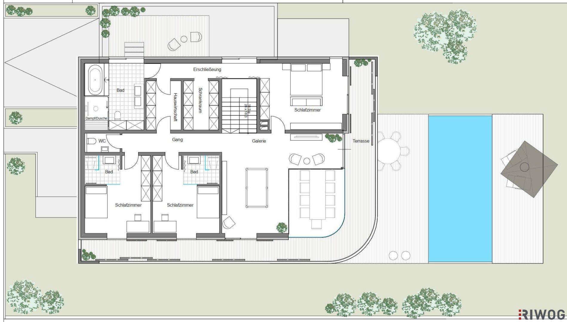 Grundriss des Obergeschosses mit mehreren Schlafzimmern, Bädern und Zugang zur Terrasse mit Pool.