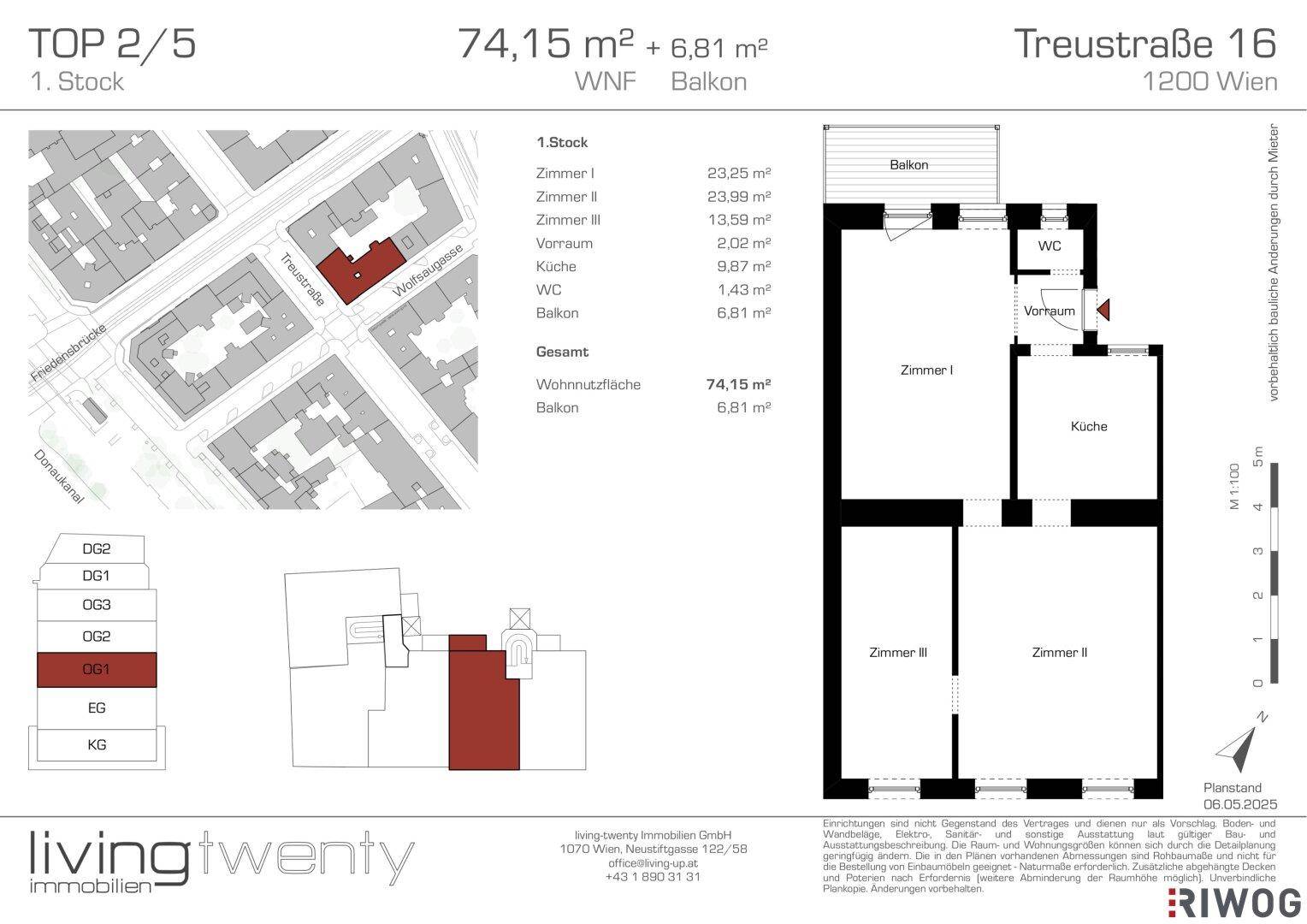 Grundriss einer Wohnung im ersten Stock mit Balkon, separatem WC und Badezimmer.