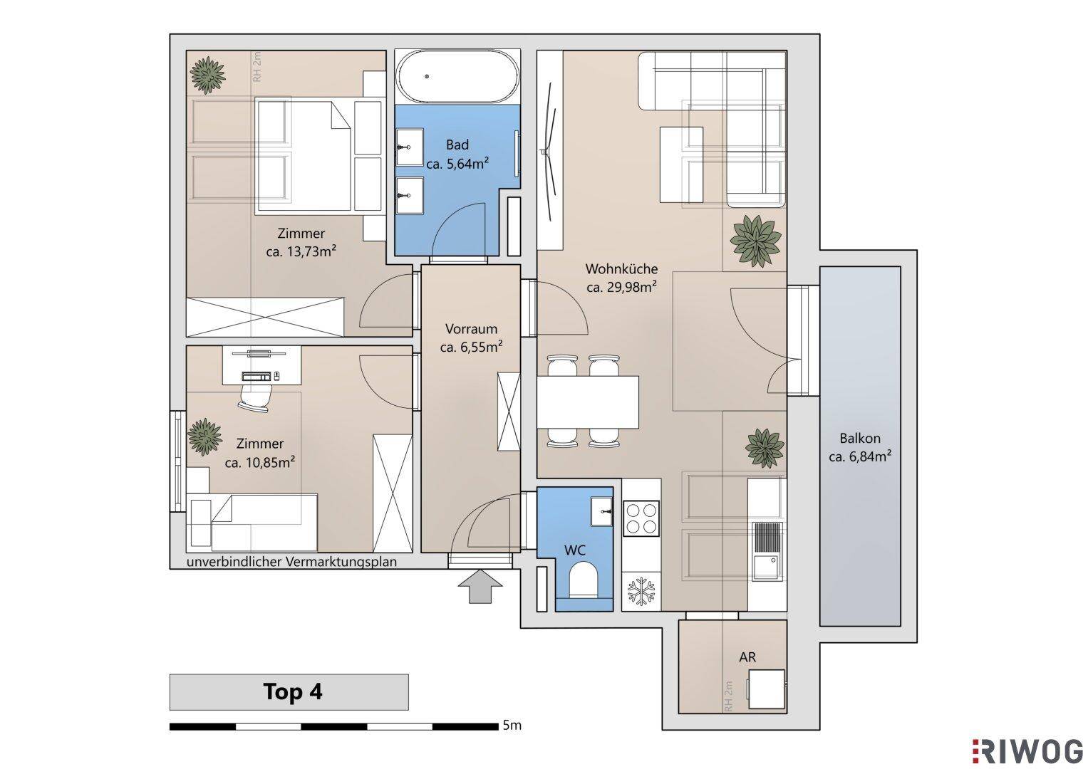 Detaillierter Grundriss der Wohnung "Top 4" mit zwei Schlafzimmern, Wohnküche und Balkon.