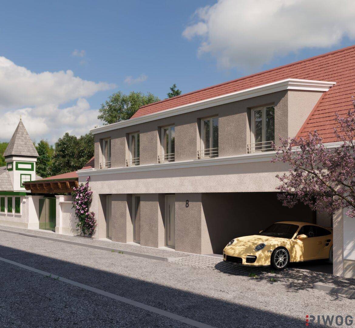 Außenansicht eines modernen Gebäudes mit rotem Dach und integrierter Parkmöglichkeit.