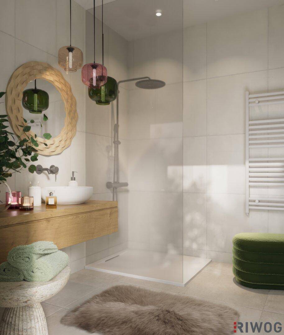 Modernes Badezimmer mit begehbarer Dusche, Holzwaschtisch, rundem Spiegel und Handtuchheizkörper.