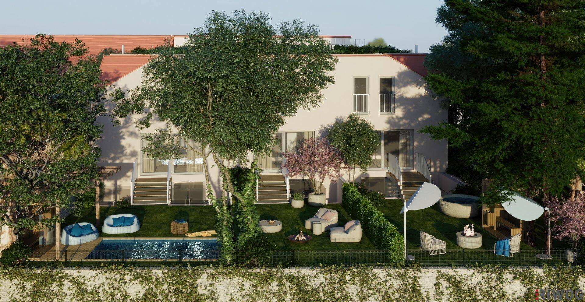 Außenansicht eines Hauses mit großem Garten, Pool und mehreren möblierten Sitzbereichen.