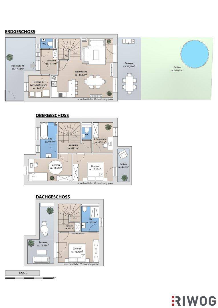 Mehrgeschossiger Grundrissplan mit Erdgeschoss, Obergeschoss und Dachgeschoss.