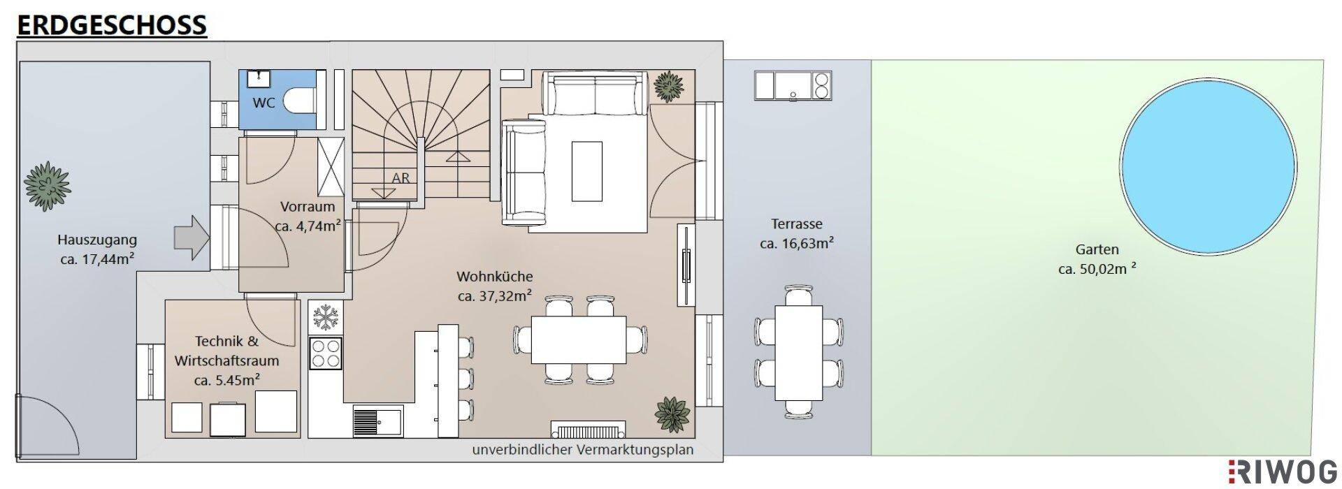 Grundriss des Erdgeschosses mit offener Wohnküche, Terrasse und Garten mit Pool.