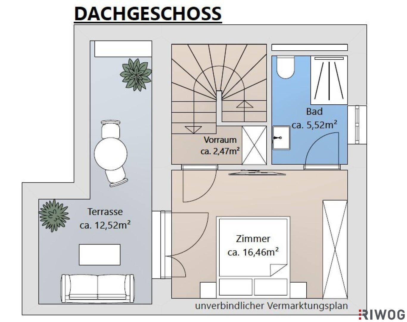 Grundriss des Dachgeschosses mit einem Zimmer, Bad und großer Dachterrasse.