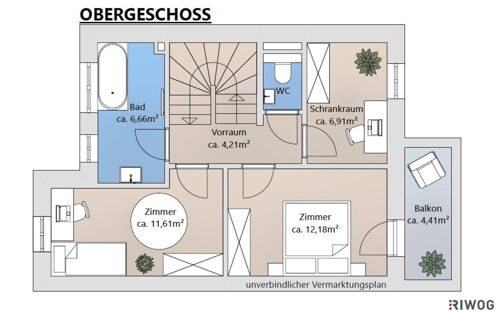 Grundriss des Obergeschosses mit zwei Zimmern, Bad mit Badewanne und Balkon.