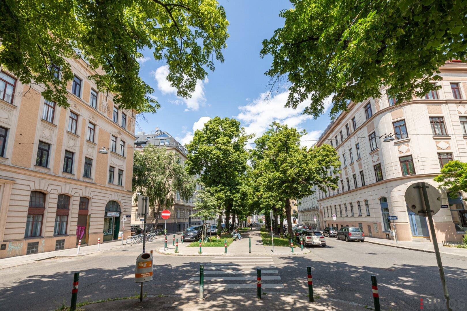 Städtische Kreuzung mit historischen Gebäuden, grünen Bäumen und blauem Himmel.