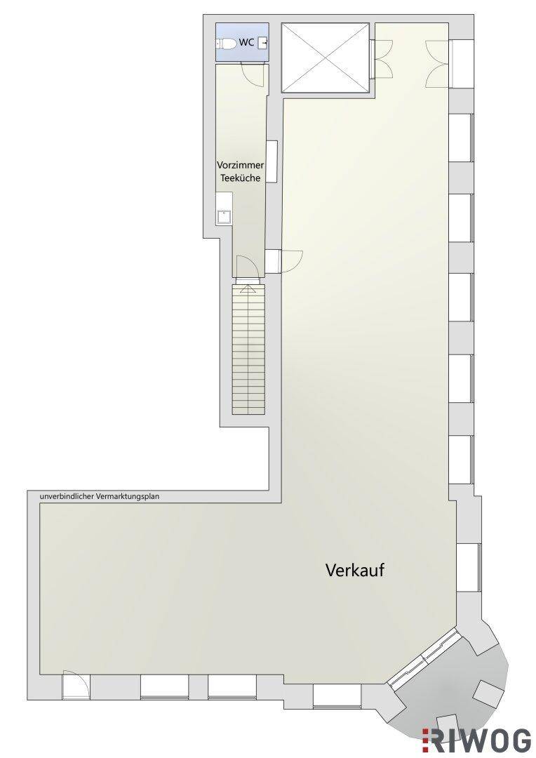 Grundriss des Erdgeschosses mit Verkaufsfläche, Teeküche und WC.