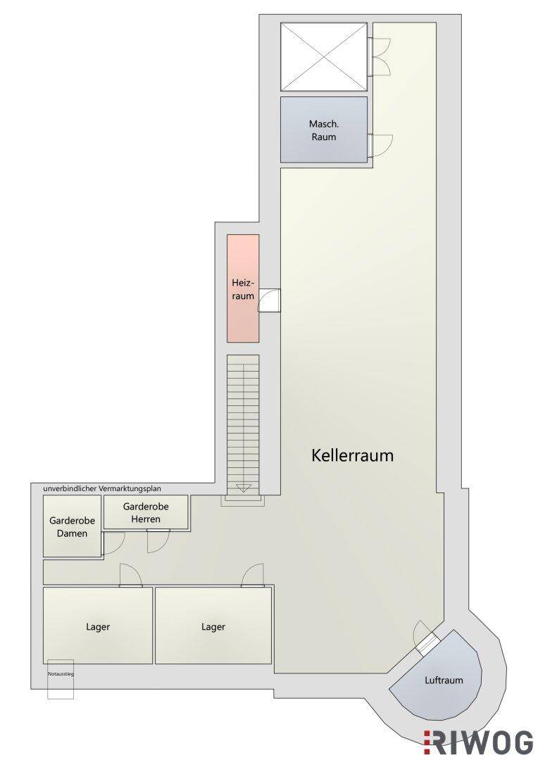 Grundriss des Kellergeschosses mit Kellerräumen, Lagerflächen und Technikräumen.