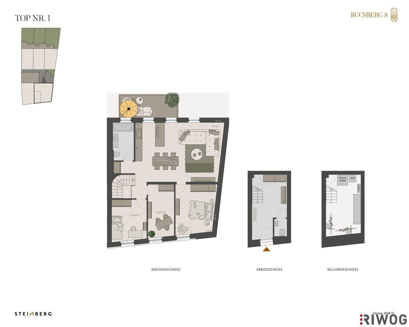 Grundriss für Wohneinheit Nummer 1 mit Dachgeschoss, Erdgeschoss und Kellergeschoss.