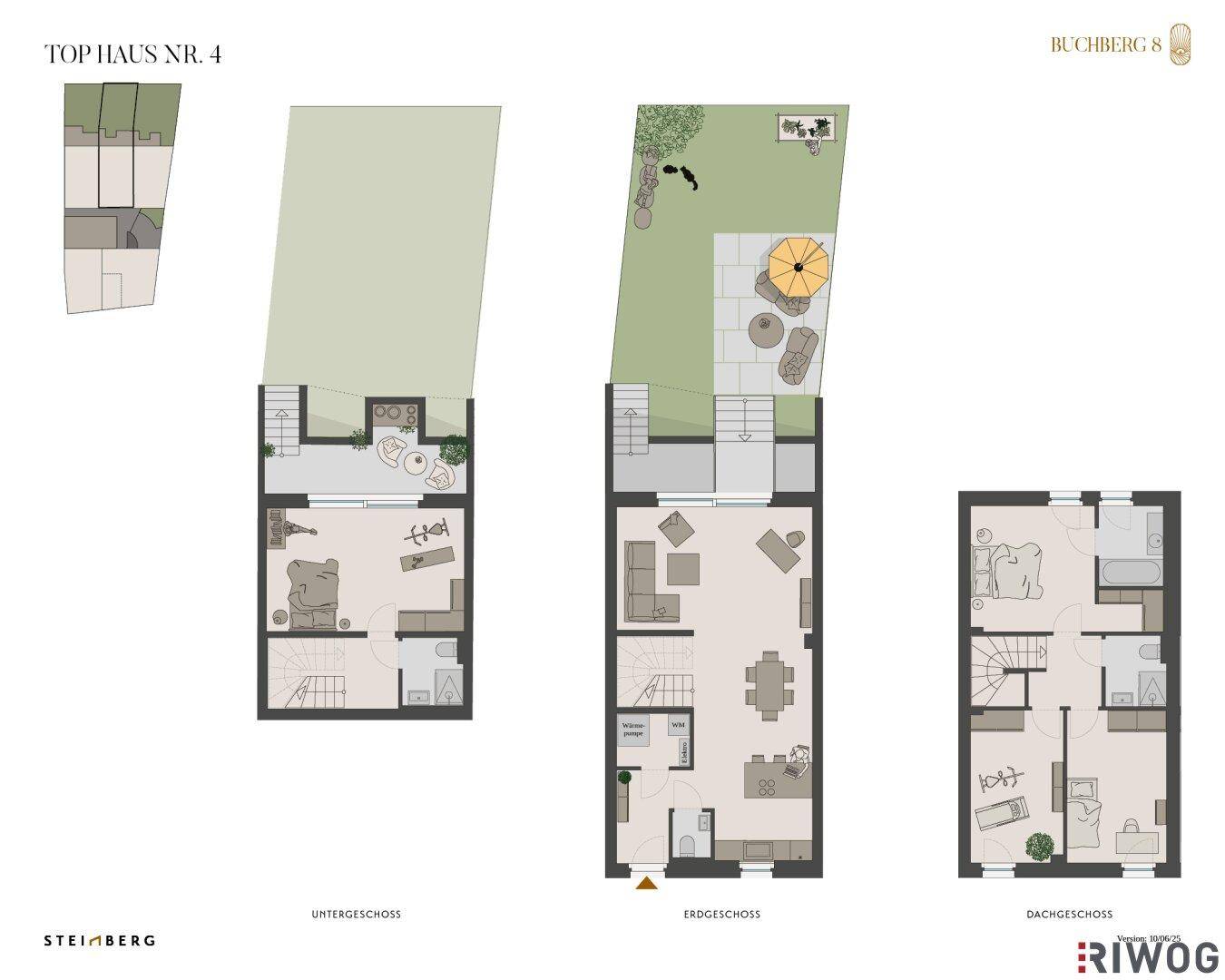 Grundriss für Haus Nummer 4 mit Untergeschoss, Erdgeschoss und Dachgeschoss.