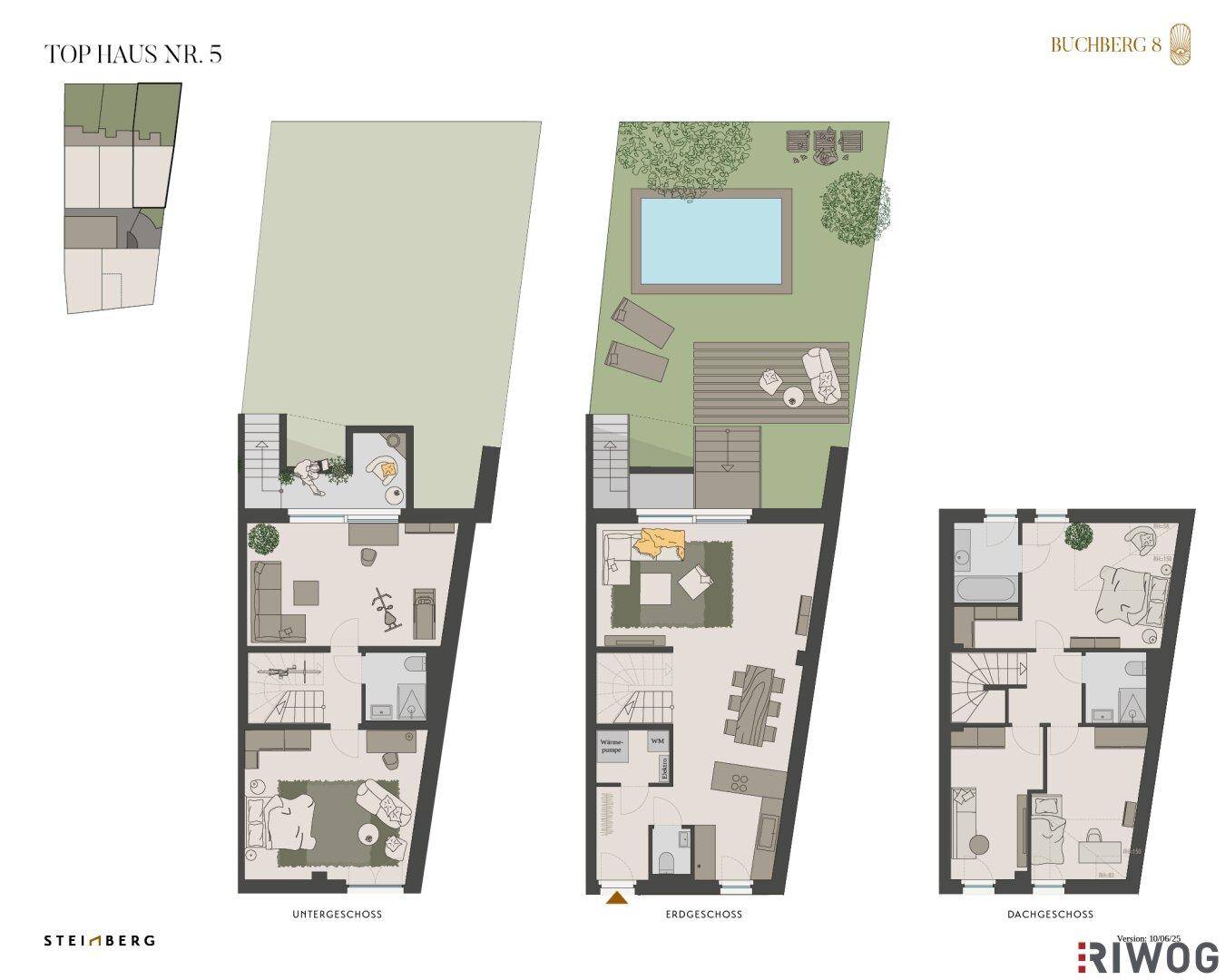 Grundrissplan eines Hauses mit Untergeschoss, Erdgeschoss und Dachgeschoss, inklusive Garten und Pool.