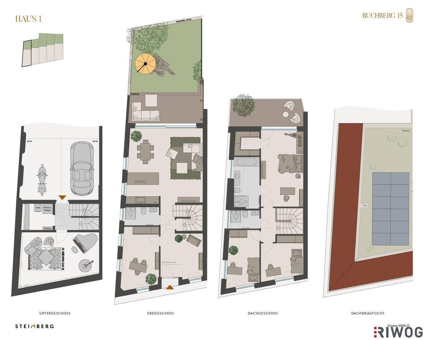 Mehrgeschossiger Grundriss eines Hauses mit Garage, offenem Wohnbereich, Garten, Schlafzimmern und Photovoltaikanlage auf dem Dach.
