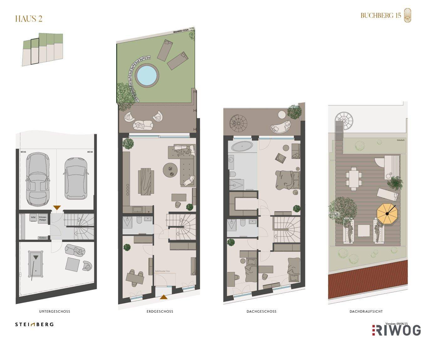 Grundrisspläne zeigen ein Haus über mehrere Etagen mit Doppelgarage, offenem Wohnbereich, Garten mit Whirlpool und Dachterrasse.