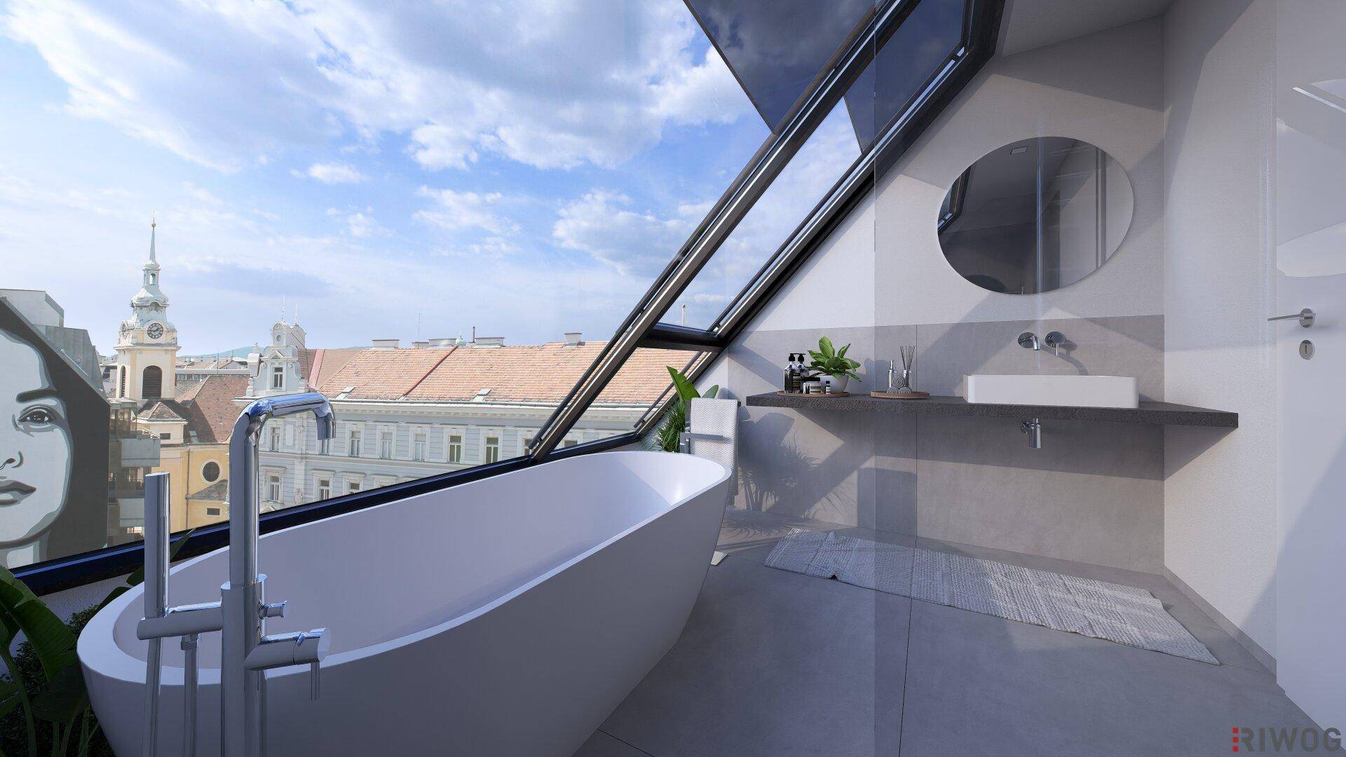 Modernes Badezimmer mit freistehender Badewanne, großen Dachfenstern und weitem Stadtblick.
