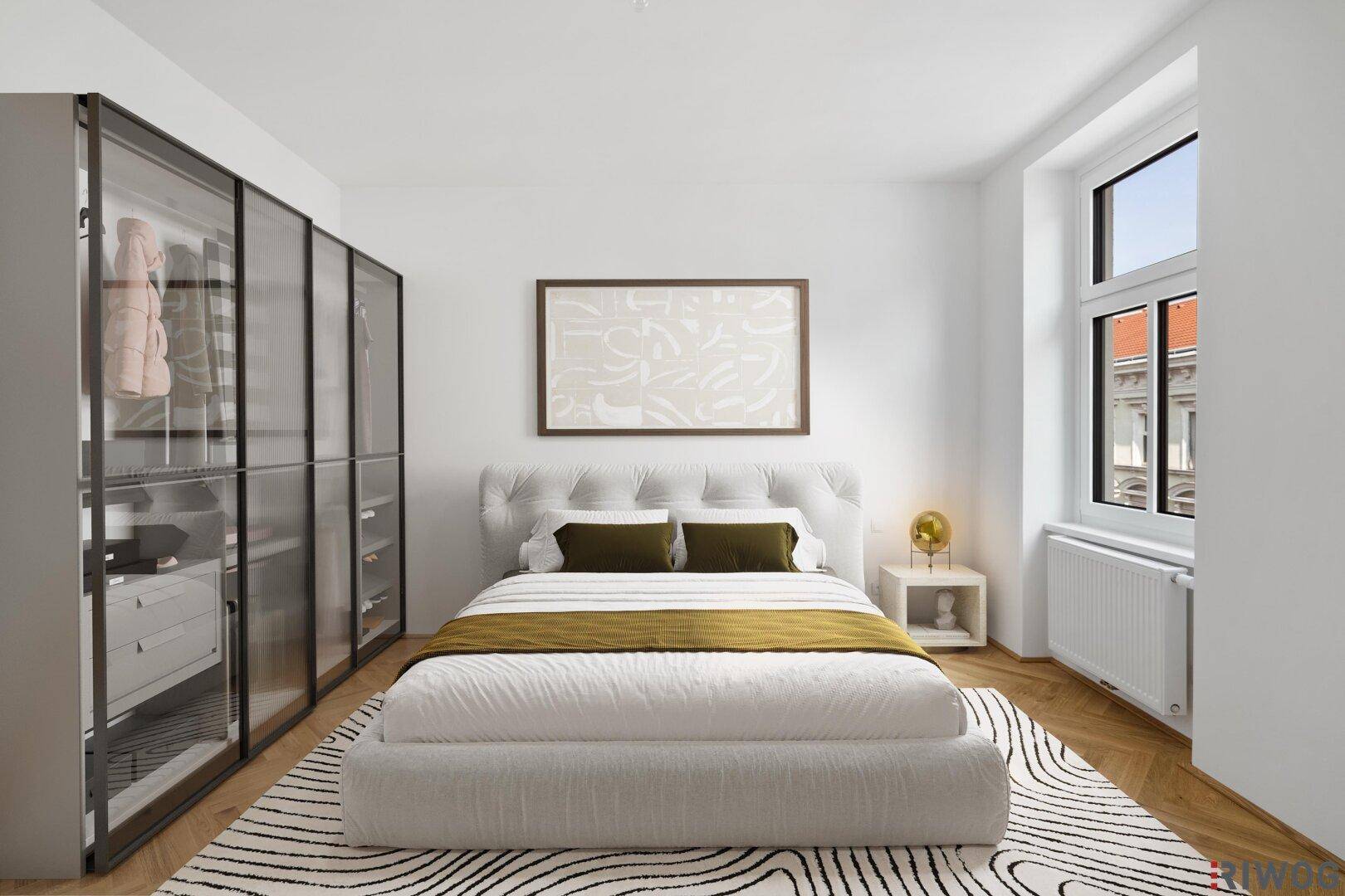 Modernes Schlafzimmer mit weißem Polsterbett, integriertem Glas-Kleiderschrank und Fischgrätparkett.