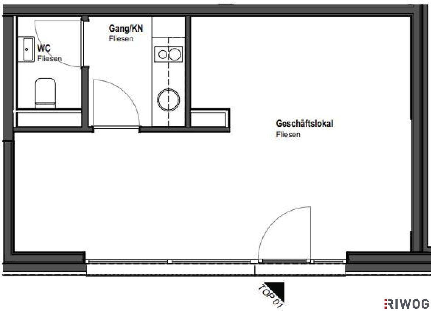 Grundriss eines Geschäftslokals mit separatem WC und kleinem Flur.