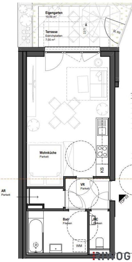Grundriss einer Wohnung mit offener Wohnküche, separatem WC, Terrasse und eigenem Garten.