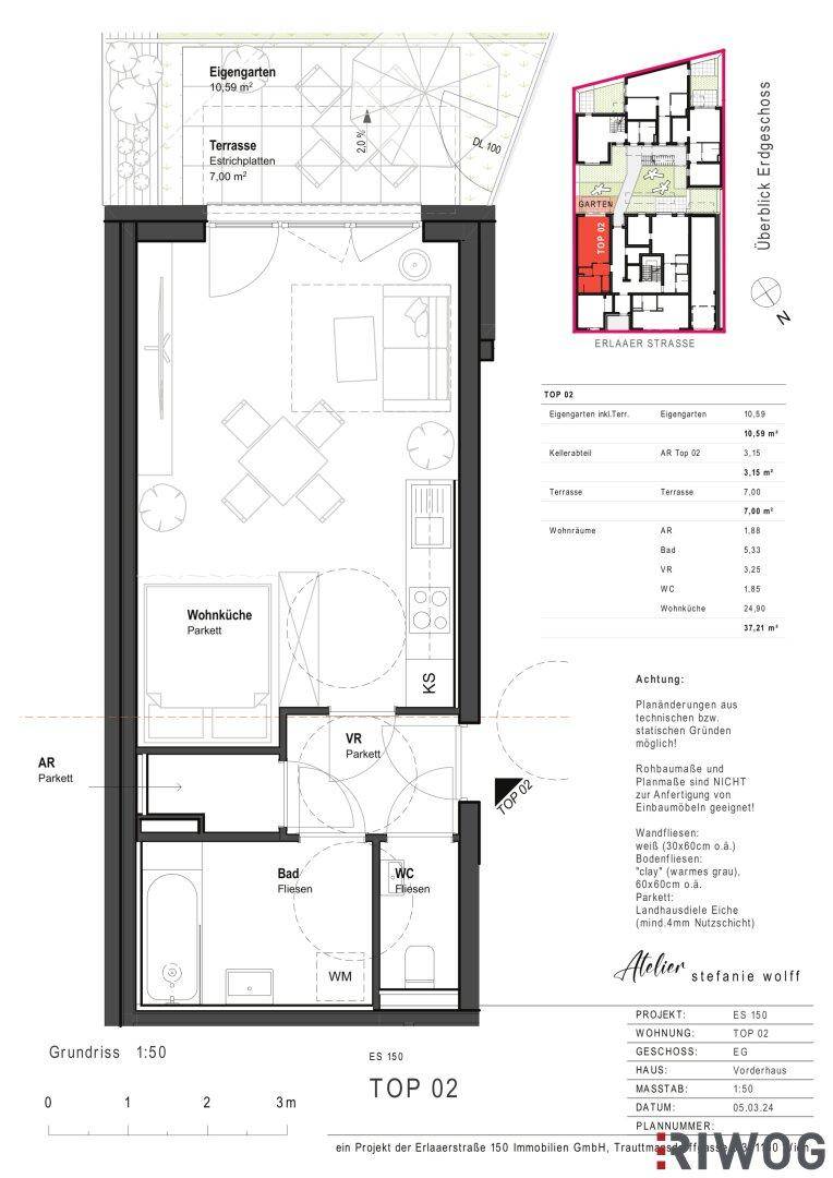 Detaillierter Grundriss einer Wohnung mit offener Wohnküche, Terrasse und Garten, inklusive Legende und Übersicht.