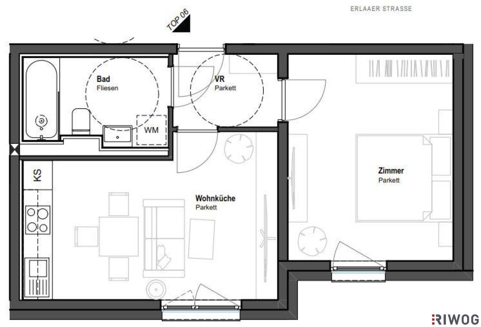 Grundriss einer Wohnung mit offener Wohnküche, einem Zimmer und Badezimmer mit Badewanne.
