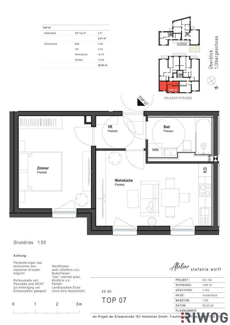 Grundriss der Wohnung TOP 07 mit einem Zimmer und offener Wohnküche.