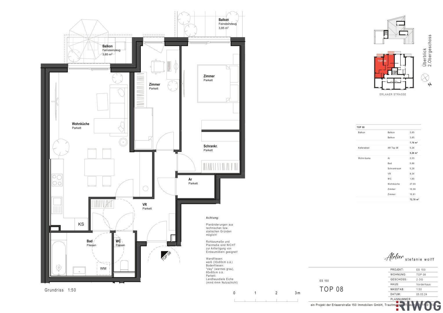 Übersichtlicher Grundriss einer modernen Wohnung mit Wohnküche und Balkonzugang.