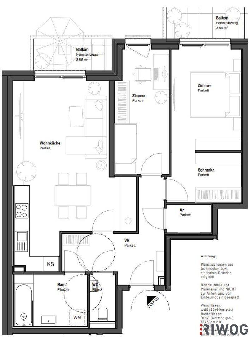 Detaillierter Grundriss einer Wohnung mit Wohnküche, Schlafzimmer und zwei Balkonen.